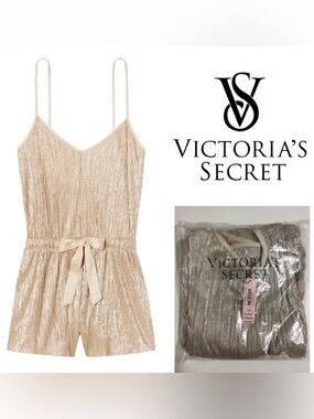 🆕VICTORIA’S SECRET - M/L - NWT - GOLD METALLIC SHINE PLEAT SLEEP ROMPER / SLIP